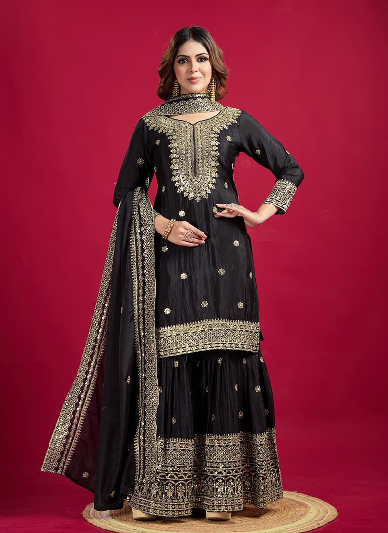 Black Chinon Zari Embroidered Sequins Sharara Suit Festive Wear