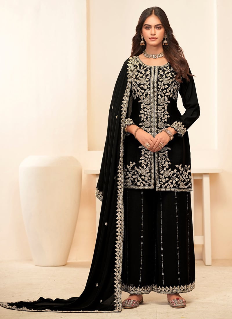 Black Chinon Zari Embroidered Sequins With Stone Work High Slit Palazzo Suit Festive Wear