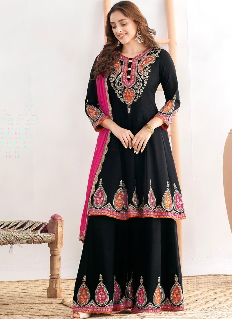 Black Chinon Zari Embroidered Sequins With Stone Work Palazzo Suit Festive Wear