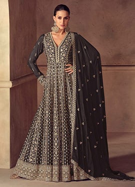 Black Chinon Zari Sequins Beads Embroidered A Line Anarkali Suit