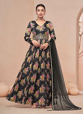 Black Chinon Zari Sequins Beads Printed Anarkali Suit