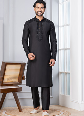 Black Cotton Beads Work Kurta Pyjama