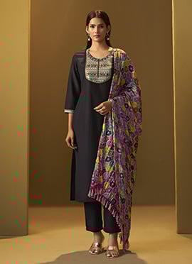 Black Cotton Blend Embroidered Straight Pant Suit