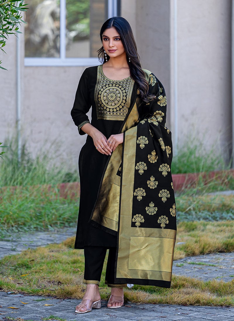 Black Cotton Blend Jacquard Straight Pant Suit After Six Wear