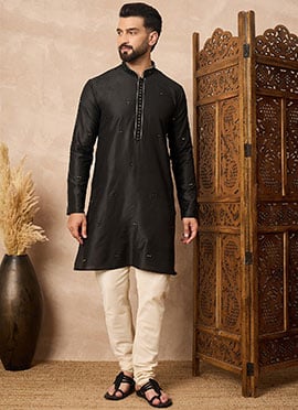 Black Cotton Blend Mirror Work Kurta Pyjama