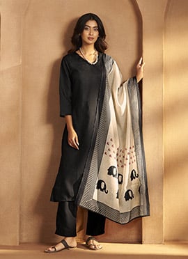 Black Cotton Blend Printed Straight Pant Suit