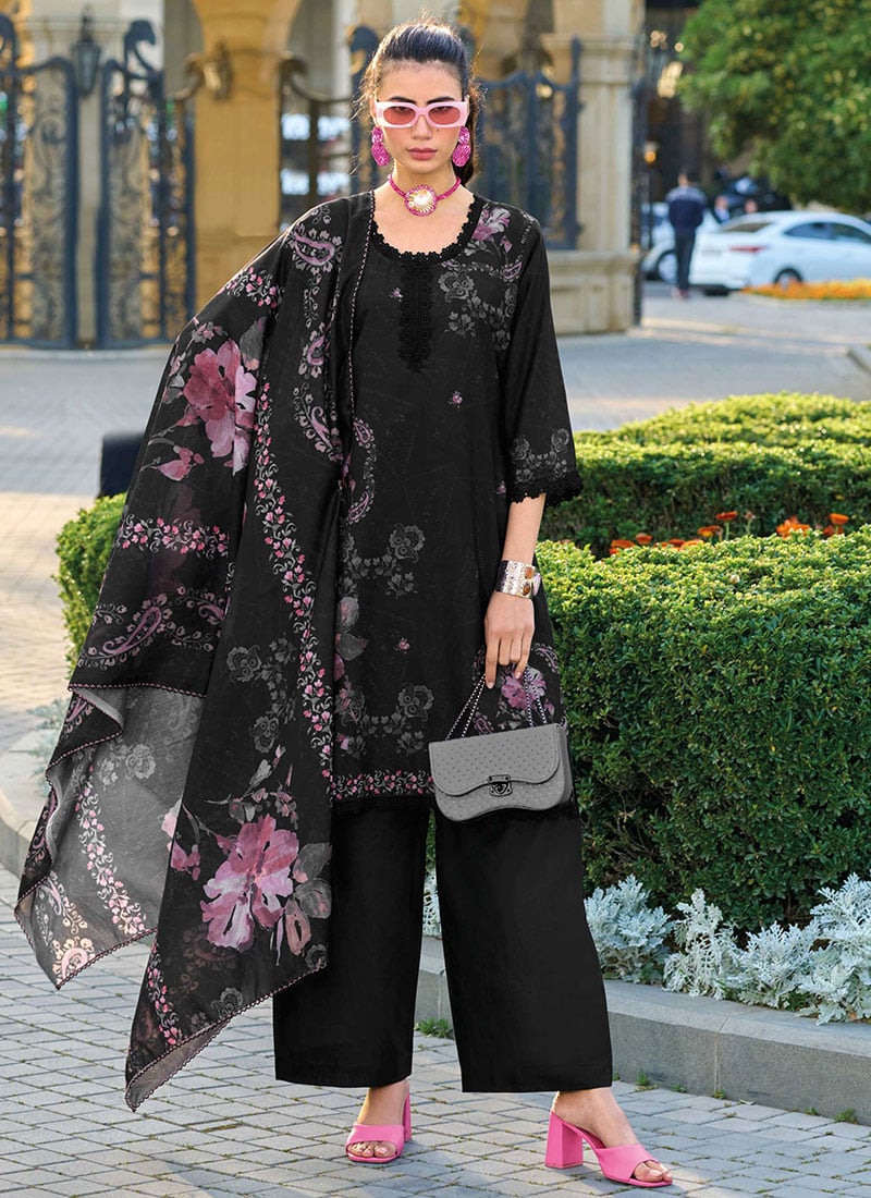 Black Cotton Digital Print Embroidered Elegant Palazzo Suit With Dupatta After Six Wear
