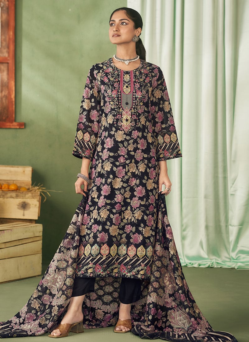 Black Cotton Digital Print Embroidered Straight Pant Suit Festive Wear