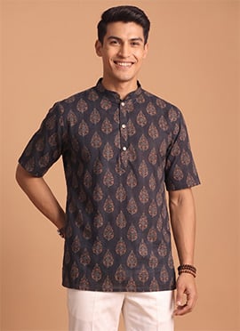 Black Cotton Digital Print Kurta For Men