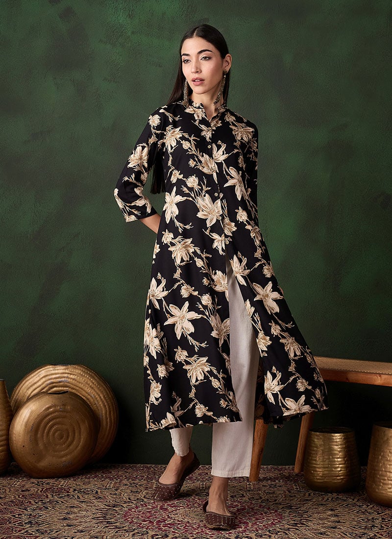 Black Cotton Digital Print Shirt Dress