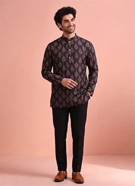Black Cotton Digital Print Short Kurta For Men