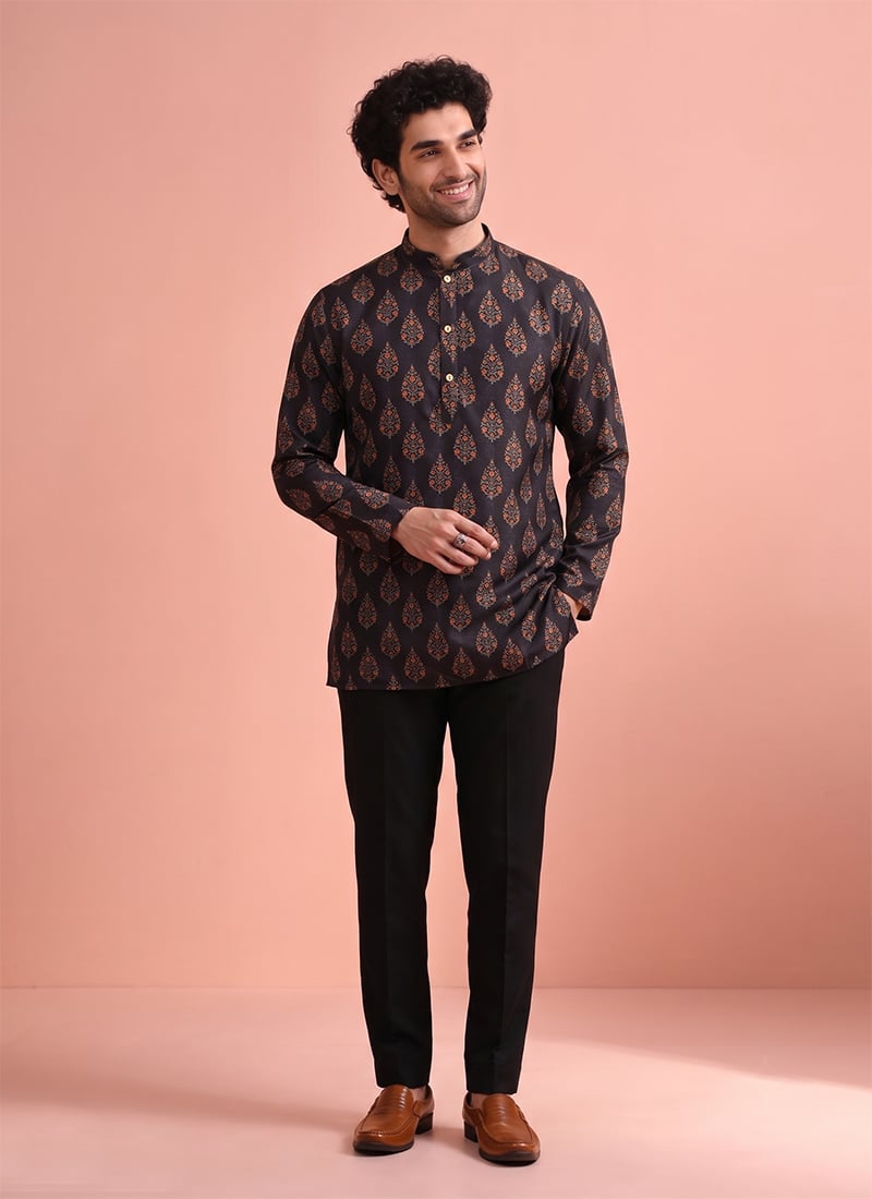 Black Cotton Digital Print Short Kurta For Men