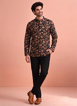 Black Cotton Digital Print Short Kurta For Men