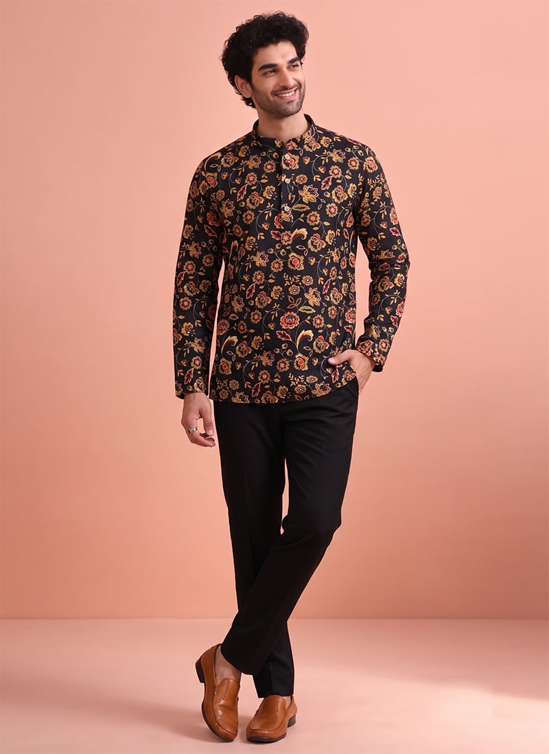 Black Cotton Digital Print Short Kurta For Men