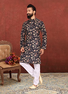 Black Cotton Digital Printed Kurta Pyjama
