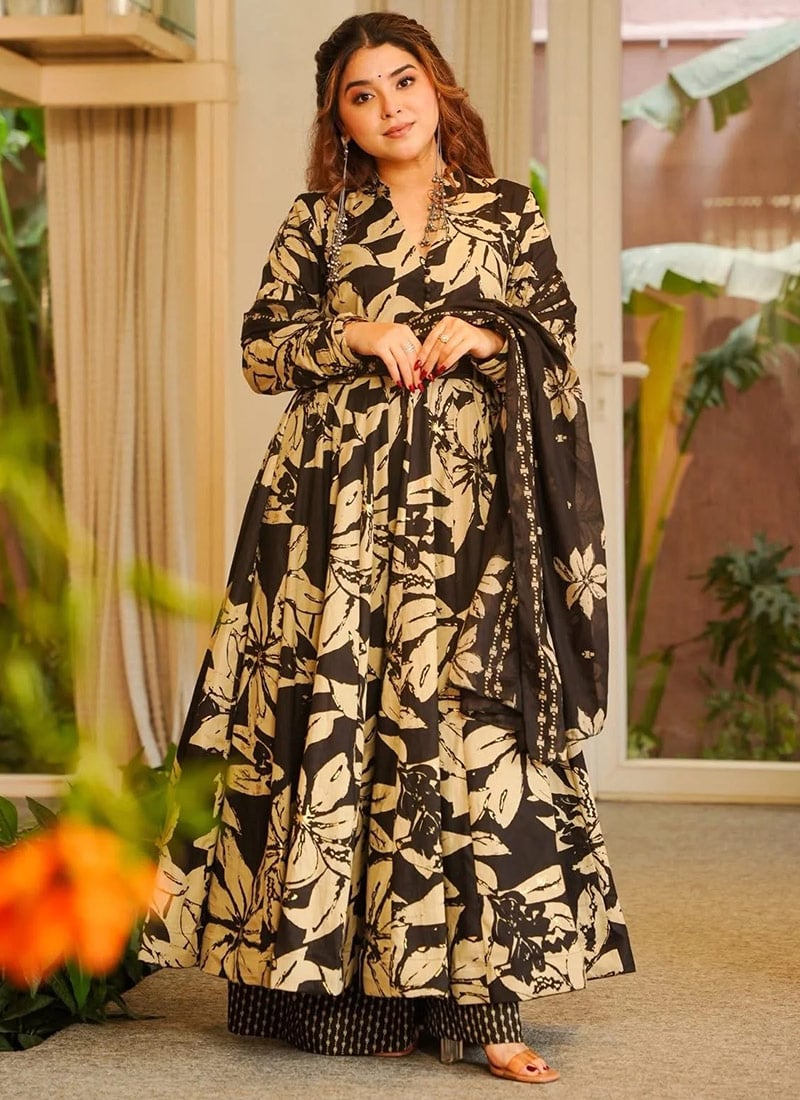Black Cotton Embroidered Anarkali Suit After Six Wear