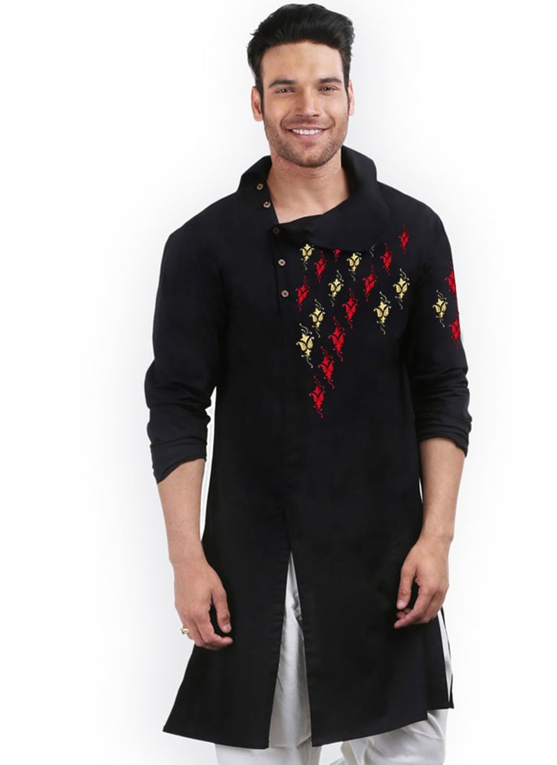 Black Cotton Embroidered Kurta