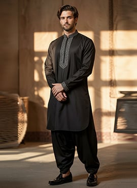 Black Cotton Embroidered Kurta Pyjama For Men