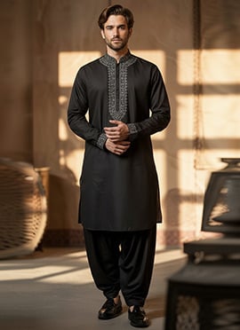 Black Cotton Embroidered Kurta Pyjama For Men