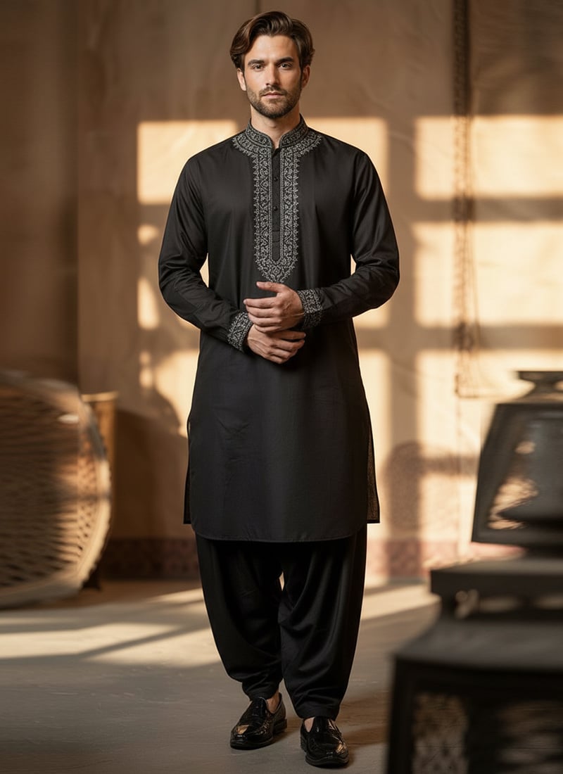 Black Cotton Embroidered Kurta Pyjama For Men  Festive Wear