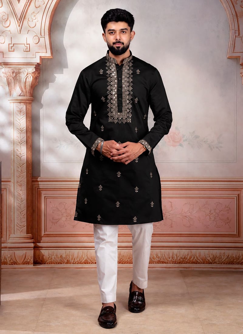 Black Cotton Embroidered Kurta Pyjama For Men Festive Wear