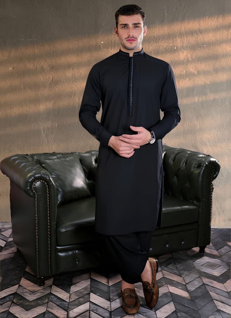 Black Cotton Embroidered Kurta Pyjama Festive Wear