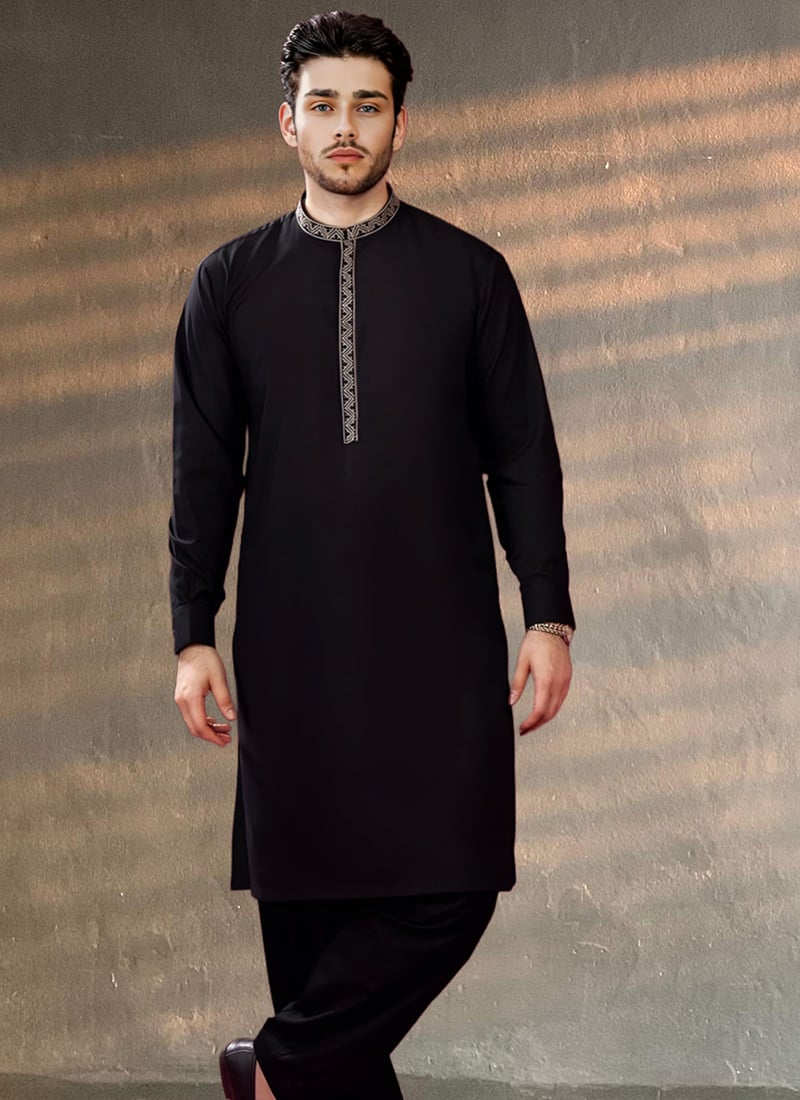 Black Cotton Embroidered Kurta Pyjama Festive Wear