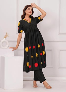 Black Cotton Embroidered Kurta Straight Pant Set