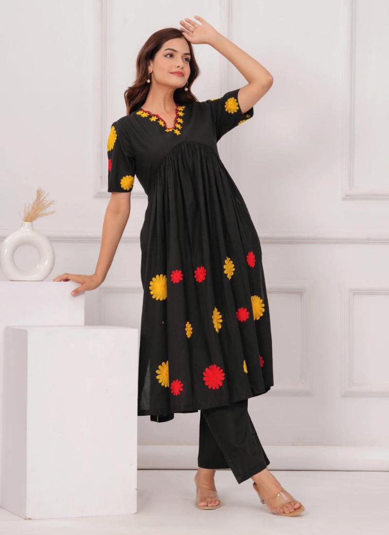 Black Cotton Embroidered Kurta Straight Pant Set After Six Wear