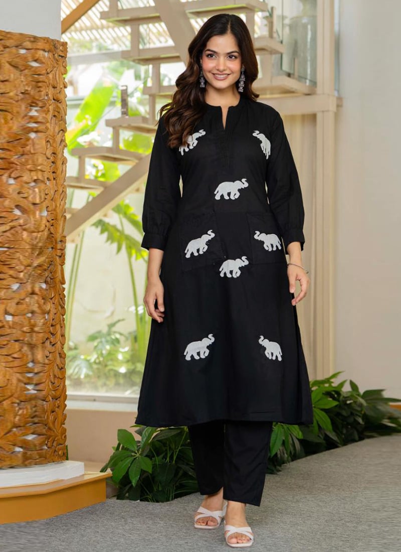 Black Cotton Embroidered Kurta Straight Pant Set After Six Wear