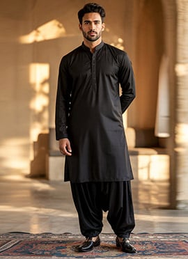 Black Cotton Embroidered Pathani Set