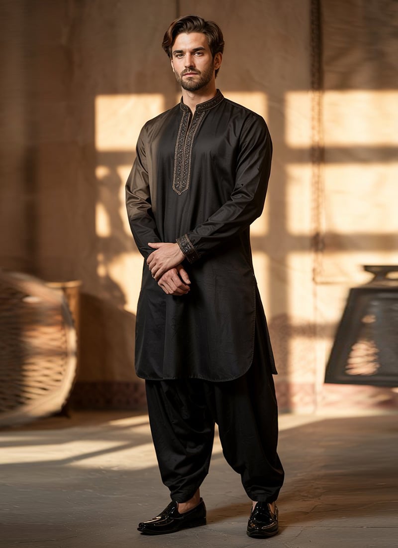 Black Cotton Embroidered Pathani Set