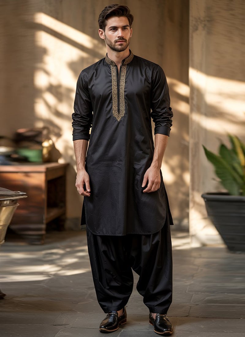Black Cotton Embroidered Pathani Set Festive Wear