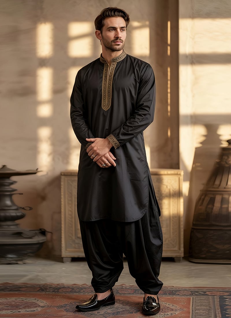 Black Cotton Embroidered Pathani Set