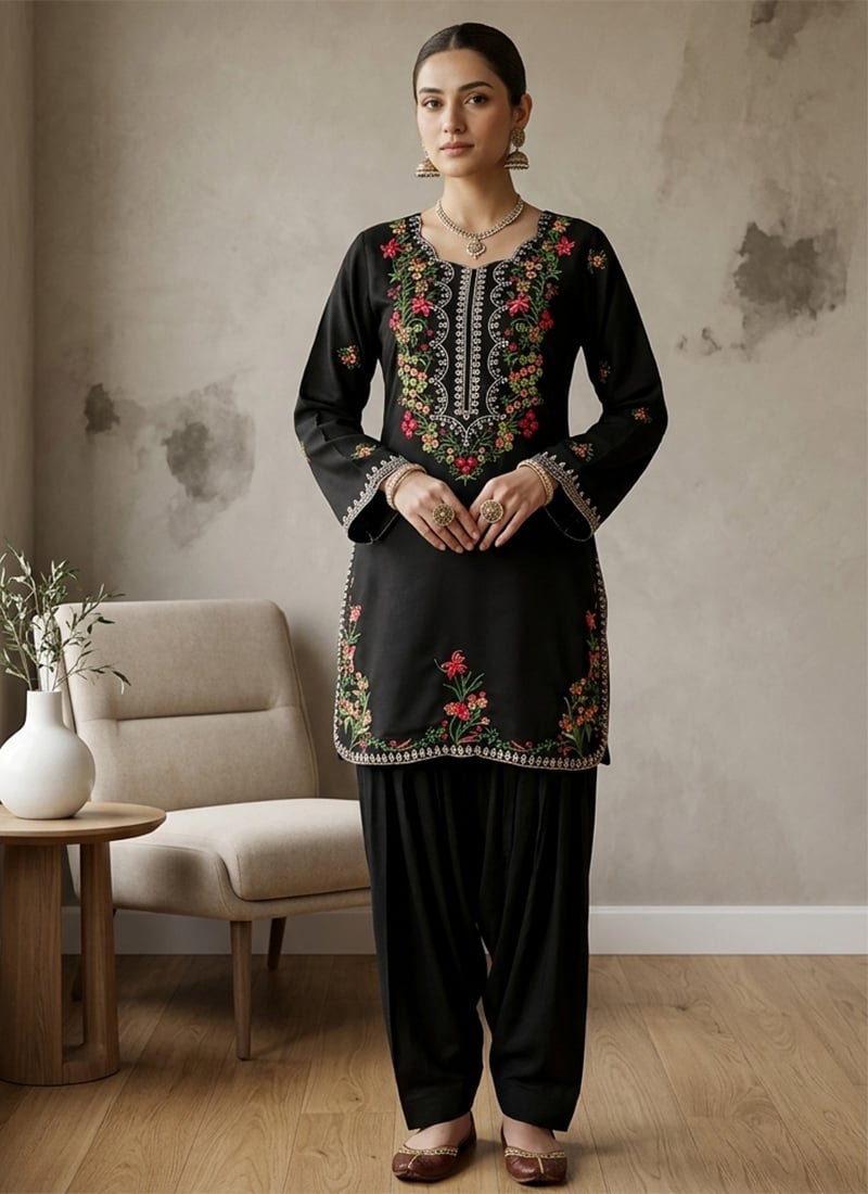 Black Cotton Embroidered Salwar Suit After Six Wear