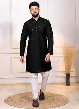 Black Cotton Embroidered Sequins Kurta Pyjama For Men