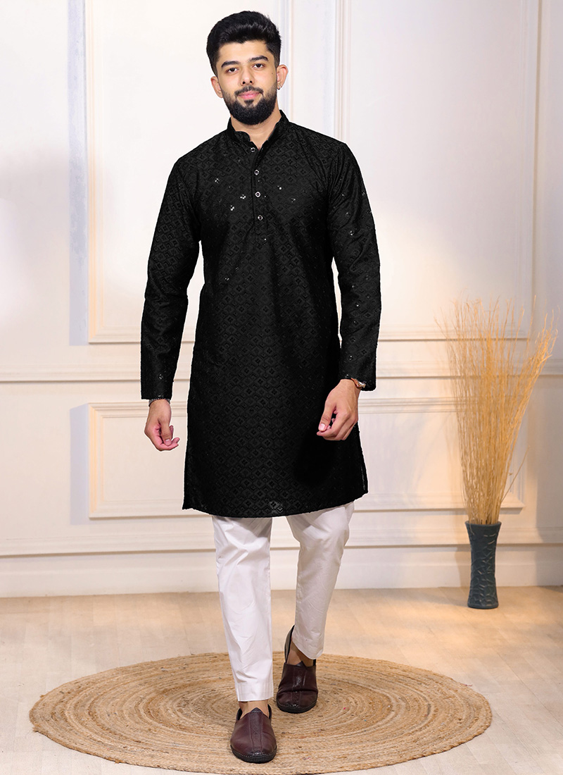 Black Cotton Embroidered Sequins Kurta Pyjama For Men Festive Wear