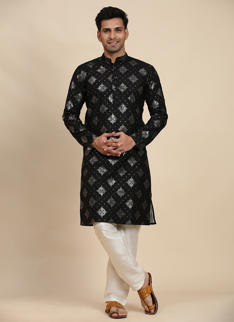 Black Cotton Embroidered Sequins Kurta Pyjama Festive Wear