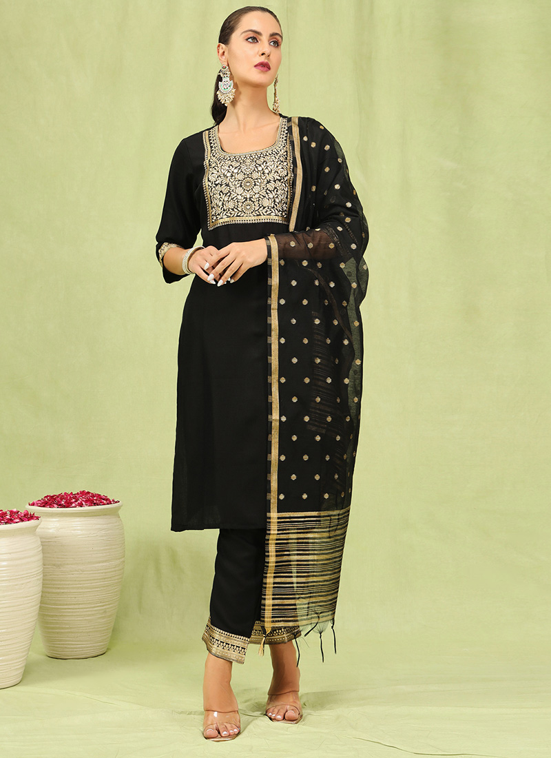 Black Cotton Embroidered Straight Pant Suit