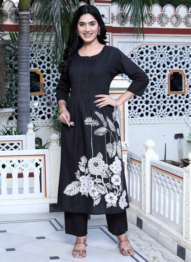 Black Cotton Floral Print Kurta Straight Pant Set After Six Wear