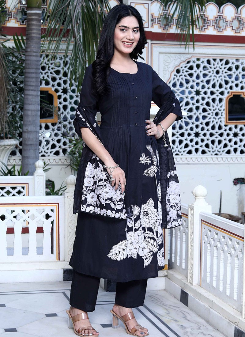 Black Cotton Floral Print Straight Pant Suit After Six Wear