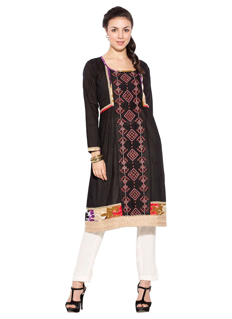 Black Cotton Foliage Designed Kurti After Six Wear