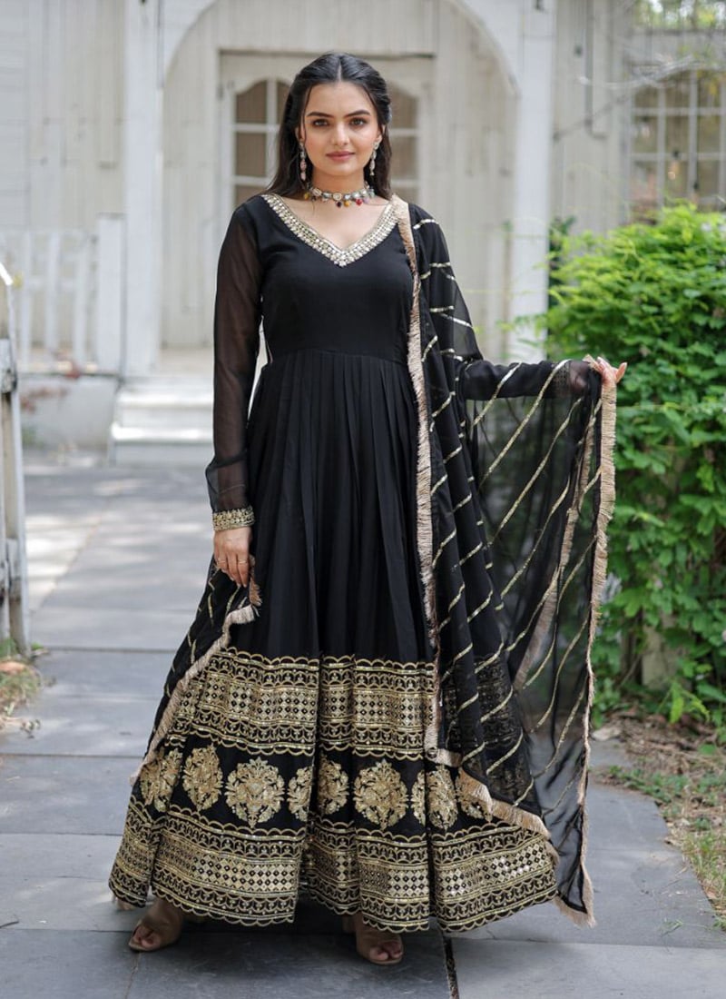 Black Cotton Gota Embroidered Sequins Anarkali Suit Festive Wear