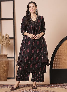 Black Cotton Ikkat Print Palazzo Suit