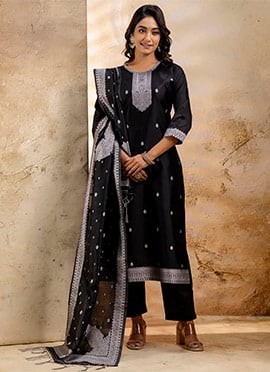 Black Cotton Jacquard Banarasi Straight Pant Suit
