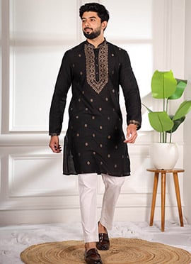 Black Cotton Jacquard Kurta Pyjama For Men