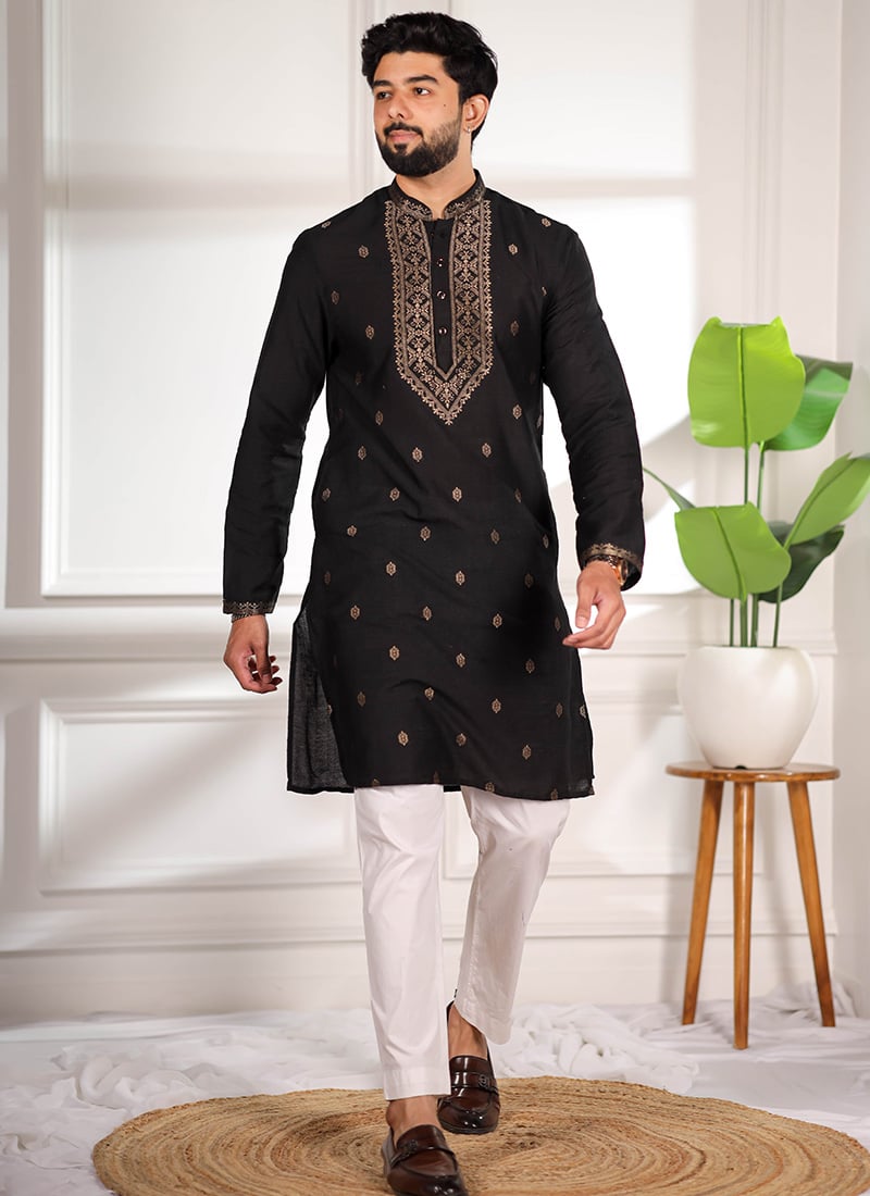 Black Cotton Jacquard Kurta Pyjama For Men Festive Wear