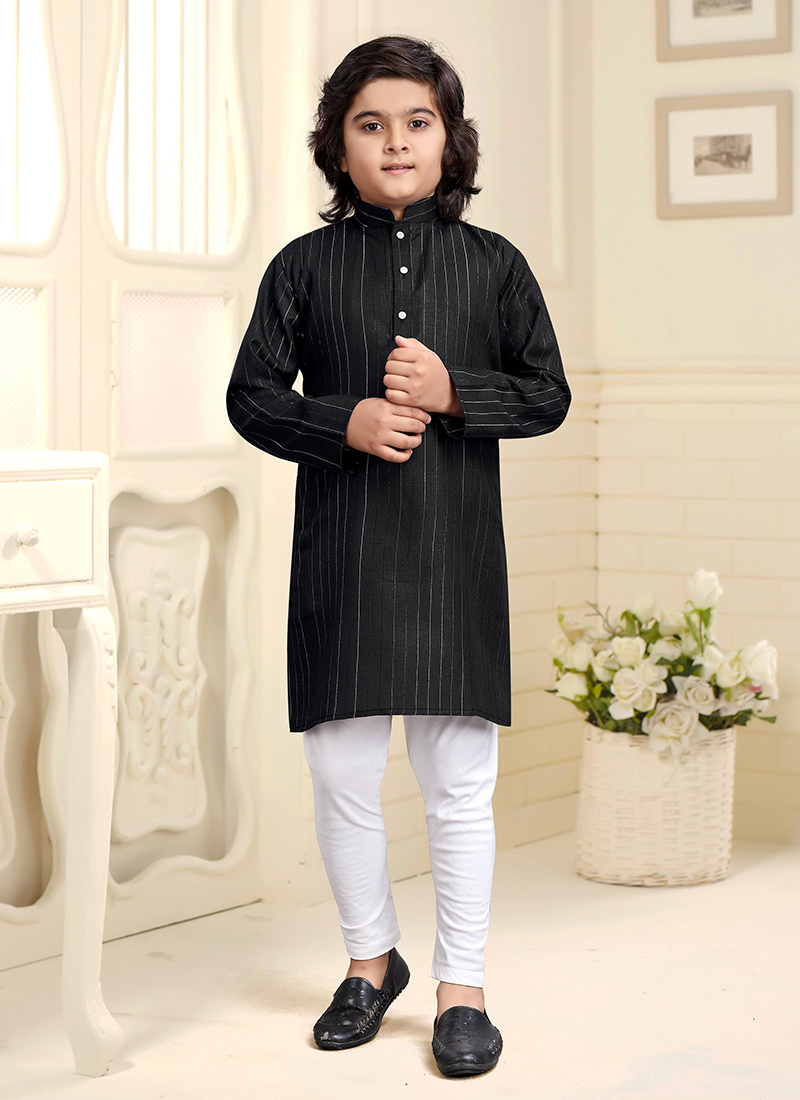 Black Cotton Kids Kurta Pyjama Set With Elegant Zari Detailing Festive Wear
