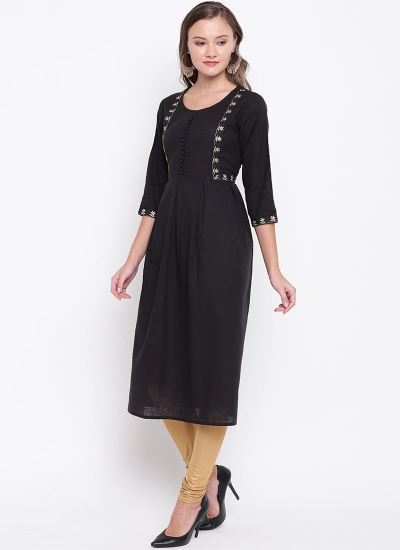 Black Cotton Knee Length Kurti Work Wear