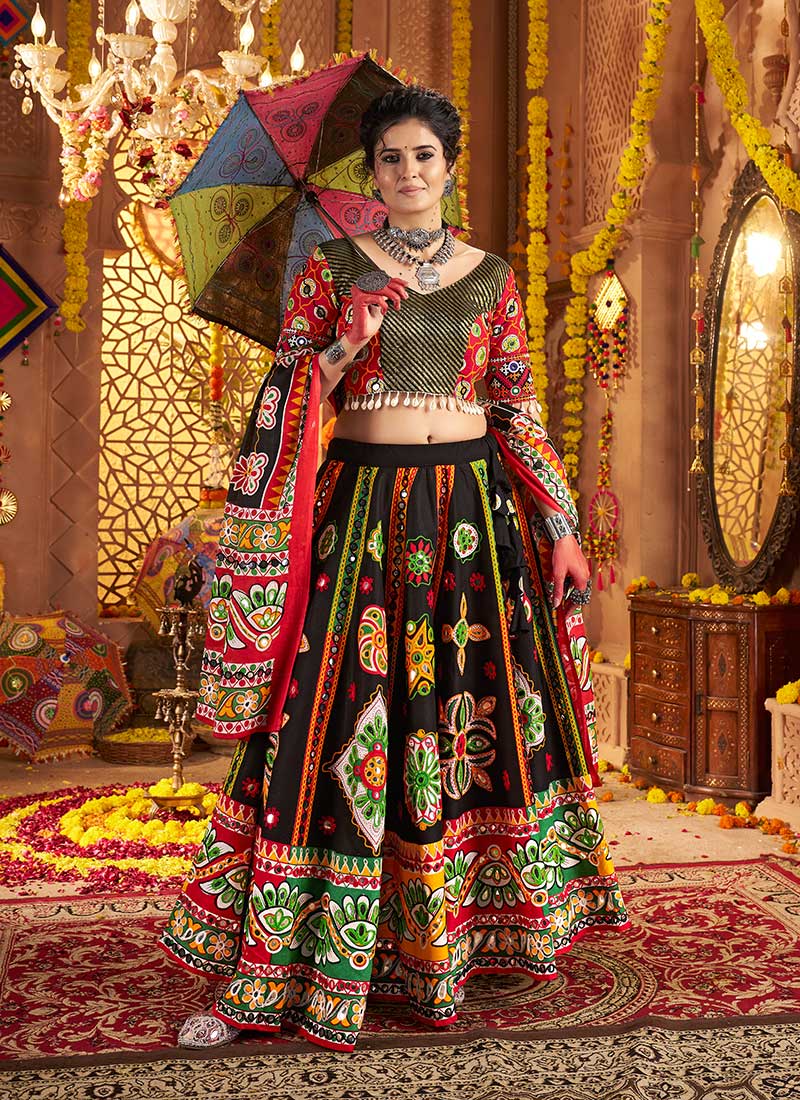 Black Cotton Kutch Work And Foil Mirror Chaniya Choli Festive Wear